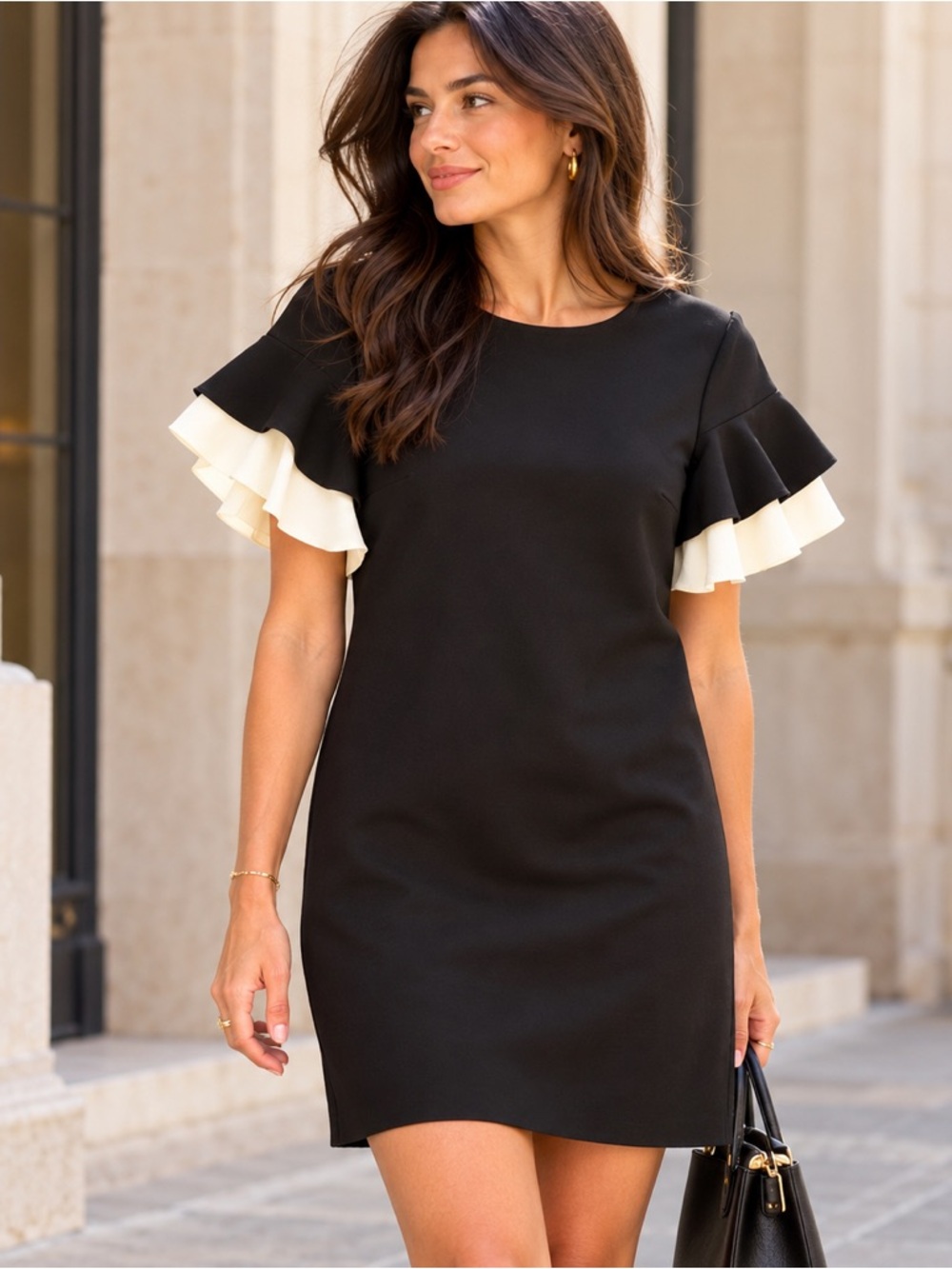 THML Black Shift Dress Large Ivory Ruffle Flutter Sleeve Gold Zip